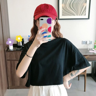 LuFashion女式露脐上衣夏季糖果色短袖素色休闲T恤